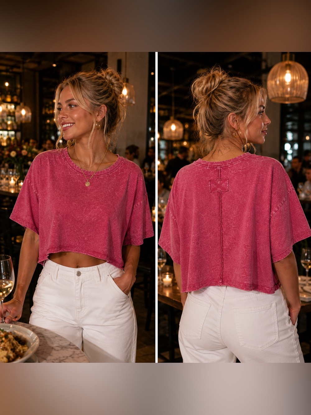 🆕 Fuchsia Acid Wash Oversized Crop T Raw Hem Cotton Top S/M L/XL Tee 🔥